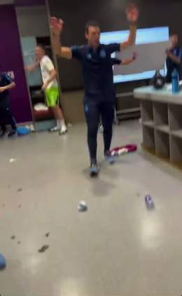 Messi leading the dressing room celebration.    @Otamendi #FIFAWorldCup #TeamArgentina