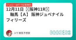 12月11日   阪神11R　軸馬【Ａ】  阪神ジュベナイルフィリーズ フォローRTしたら無料。  近重賞実績 ・デイリー杯2歳S ・アルゼンチン共和国杯　 ・みやこステークス ・天皇賞秋 ・菊花賞 ・秋華賞 ・毎日王冠  Maria先生 (@maria_0515_) 対決レースになります。