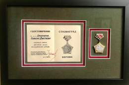 Commemorative badge and citation honoring veterans of the 62nd (8th Guards) Army presented to Polycarp Dmitrievich Ovchinnikov, signed by Marshal V. I. #Chuikov. From my collection. #Чуйков #Stalingrad #Сталинград