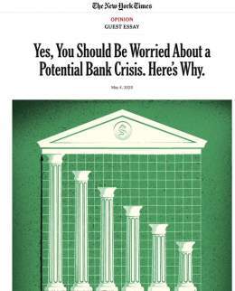 New York Times opinion says we should be "worried" about a bank crisis.  While I agree that a banking crisis is increasingly likely the longer one's time horizon, it is fake news that one "should" be worried about it.  I think one "should" get off ze