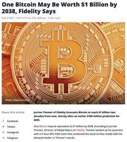 $1 billion #Bitcoin...  Fidelity's @TimmerFidelity thinks #BTC could reach $1 billion by 2038, or 15 years from today.  This would make one sat worth $10.  Who knows if 2038 will be right... However if #Bitcoin thesis is correct there is no logical c