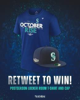 RT to Win    Now&rsquo;s your chance to get your hands on a PostSEAson locker room t-shirt and cap, thanks to the @MarinerStore. All you need to do is hit the retweet button for your chance to win! #SeaUsRise
