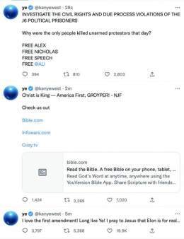 Alex Jones, Nick Fuentes, and Ali Alexander are currently tweeting from Kanye West's account. This is a clear violation of Twitter's rules on ban evasion.