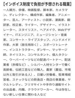 &uarr; インボイス制度によって料金増額または廃業を迫られる職業一覧 納税負担や事務負担が少なかった分 安い値段で提供出来てたんだからその分価格が上がるのは当たり前だろう 努力でなんとかしろって？自公政権の悪政によって #五公五民 にされてる状況で？ #STOPインボイス #自民党全員落選運動 #一揆