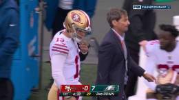 Trey Lance Jimmy Garoppolo Brock Purdy Josh Johnson  #49ers are down to their 4th string QB early in the NFC Championship game.  The Niners emergency QB is Kyle Juszczyk.