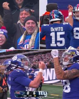 When Tommy DeVito hits the WR in the eye for the score  Like a big pizza pie, that's amore!