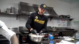 Cooking up some crepes.  Apparently, the birthday boy knows his way around the kitchen.  #BehindTheB | @ajgreer_10