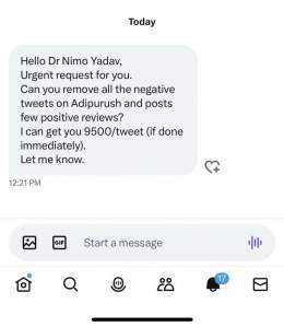 So Adipurush team is paying me ₹9500/tweet to post positive reviews about the movie.  But I am not Bikau like RW, I carry my dharma on my sleeves and I will never compromise for it.
