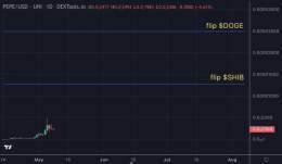 Bitcoin is down &amp; therefore the market is down a bit this morning. Nothing has changed &amp; my $pepe conviction is strong.  In case you need a reminder, here is the current @pepecoineth chart w/ flip $shib &amp; $doge levels.  #PEPE is the micha