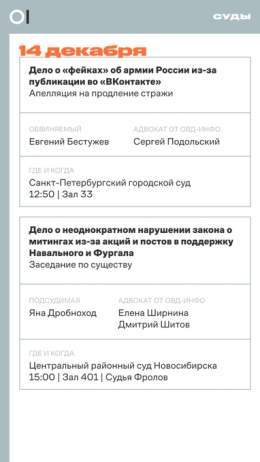 Вестник судов по политически мотивированным уголовным делам на завтра, 14 декабря