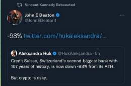 167 年の歴史を持つスイスで 2 番目に大きな銀行であるクレディ スイスは、現在 ATH から -98% 下落しています。  しかし、クリプトは危険です。   きゃはははは。-98％　どかーん。