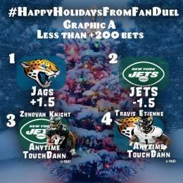 THURSDAY CONTEST GIVEAWAY  Pick 2 bets from Graphic A &amp; 2 bets from Graphic B  Tweet the number next to the bets WITH #HappyHolidaysFromFanDuel  If 1 hits from each graphic, u&rsquo;ll be entered 2 potentially win some merch AND 2 random winner w
