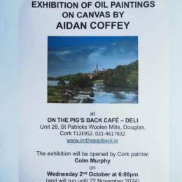 Join us Wednesday the 2nd of October for the art Exhibition of Aidan Coffey. Enjoy live traditional Irish music, tasty and wine all while browsing the wonderful oil landscapes on display at On The Pigs Back Cafe Douglas.