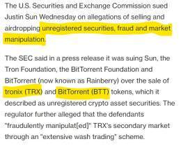 Justin Sun was sued today by the SEC for selling unregistered securities, fraud, and market manipulation of BTT (BitTorrent token) and TRX (Tron).  Lindsay Lohan, Jake Paul, Soulja Boy, Lil Yachty, Ne-Yo, Akon and Michele Mason were all sued by the S