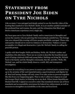 My heart goes out to Tyre Nichols&rsquo; family and to Americans in Memphis and across the country who are grieving this tremendously painful loss. There are no words to describe the heartbreak and grief of losing a beloved child and young father.  H