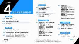 プライムビデオ 4月【配信作品】一覧  Amazon Original『風雲！たけし城』 『テレビアニメ「鬼滅の刃」刀鍛冶の里編』 『ジュラシック・ワールド／新たなる支配者』 『Prime Video Presents Live Boxing』第4弾 『TANG タング』  画像をタップして一覧をチェック