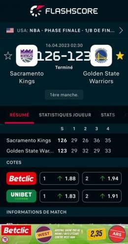 KINGS 1-0 WARRIORS  Sacramento Kings - Golden State Warriors 126:123 @FlashscoreFR #NBA #NBAextra #NBATwitterLive @beinsports_FR @TrashTalk_fr #NBAPlayoffs #PLAYOFFMODE  Plus d'infos: