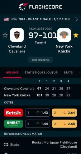 CAVALIERS 0-1 KNICKS  Cleveland Cavaliers - New York Knicks 97:101 @FlashscoreFR #NBA #NBAextra #NBATwitterLive @beinsports_FR @TrashTalk_fr #NBAPlayOff #PLAYOFFMODE  Plus d'infos: