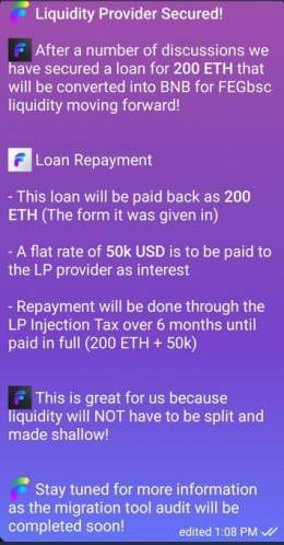Liquidity Provider Secured!  After several discussions, we have secured a loan for 200ETH to be converted into BNB for FEGbsc liquidity!  @FEGtoken #FEGtoken #FEG $FEG #DeFi #Crypto #Cryptocurrency #Bitcoin    #BTC    #Ethereum #ETH #Binance    #BSC 