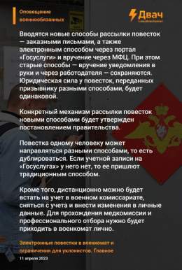 Собрали главное про электронные повестки в военкомат и ограничения для &laquo;уклонистов&raquo;. Также сегодня глава думского комитета по обороне Андрей Картаполов заявил, что:  Сейчас проведение мобилизации в России не планируется;