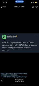 クレディ&bull;スイス 最大株主サウジ&bull;ナショナル銀行  5,780億ドルの資産有するも更なる支援提供はしないとのこと