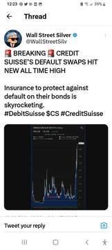 速報  世界最大級の銀行のもうひとつ、スイスのクレディ&bull;スイス銀行、デフォルト&bull;スワップが過去最高に  債務不履行に備える保険が急増中  (そんな保険あっても、もう形だけでお金はないでしょうにぃ〜)