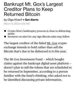 #MtGox largest creditor will not sell it&rsquo;s returned Bitcoin.