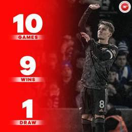 2-4 vs. Brighton  3-1 vs. West Ham  0-2 vs. Wolves  0-1 vs. Chelsea  5-0 vs. Nottingham Forest  1-1 vs. Southampton   0-1 vs. Leeds  3-2 vs. Liverpool  3-1 vs. Tottenham   0-3 vs. Brentford  9 wins and 0 defeats in Arsenal&rsquo;s previous 10 Premier