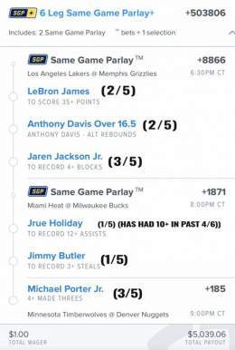 NBA Lotto - 4/19/2023  Today's lottery ticket parlay is based upon how the players have done in their past 5 games played against the opponent and includes one player per stat. Let's see if they can do it again tonight!  $1.00  $5,039.06  Let's have 