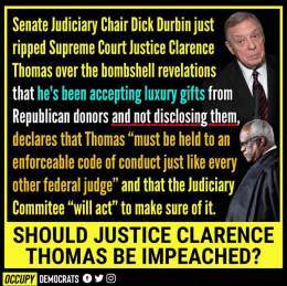 Supreme Court Justice Clarence Thomas must stand trial for violating federal ethics law. It is impossible to impeach Justice Thomas, as in the Senate, a two-thirds majority vote is required to convict and remove him from office. Senate Republicans wi
