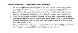 Dejounte Murray over 21.5 points vs Bucks (1.87)   Trae ruled out so the Trae play will be void. Will look to take Dejounte instead. I think this is too low for no Trae.