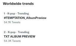 WORLDWIDE TRENDS!  1. #TEMPTATION_AlbumPreview  2. TXT ALBUM PREVIEW  6. #TOMORROW_X_TOGETHER  8. DEVIL BY THE WINDOW   #SugarRushRide @TXT_members @TXT_bighit
