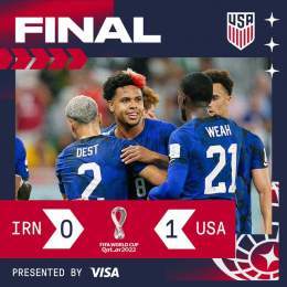 FINAL:   IRN 0 - 1 USA   WE ADVANCE OUT OF GROUP B.  #USMNT x @Visa