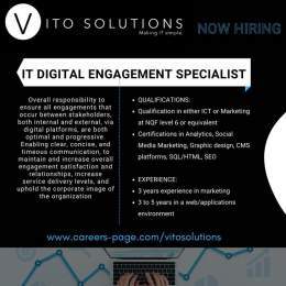 POSITION AVAILABLE  IT Digital Engagement Specialist  DURBAN PERMANENT  Apply here   Share with anyone who might be interested!   #StrongerTogether #ITjobs #HiringShow more
