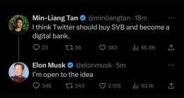 JUST IN: Elon Musk says he's "open to the idea" of Twitter buying Silicon Valley Bank and making it a digital bank.