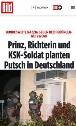 Bild пишет, что в Германии предотвратили госпереворот: &laquo;137 обысков утром 7 декабря прошли одновременно в одиннадцати федеральных землях Германии в связи с подготовкой насильственного свержения властей. Было обнаружено 52 подозреваемых и задерж